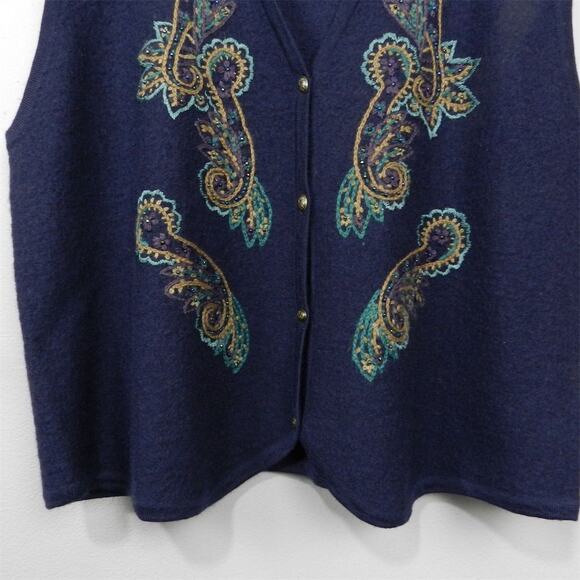 Vintage 90s Koret Felted Wool‎ Vest Size XL Navy Blue Paisley Embroidered Beaded - Picture 4 of 11